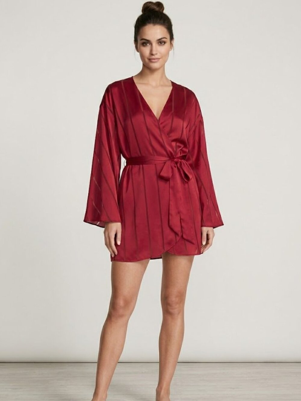 Victoria's Secret Satin Sheer Stripe Short Robe in Red Lacquer M/L NWT